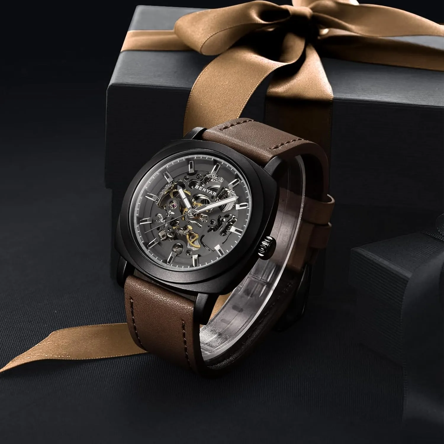 Strap Mens Watch | 45mm Dial | 30M Waterproof | Men's Stylish Gift Benyar Automatic Watches for Men frenzy | Skeleton Mechanical Leather 