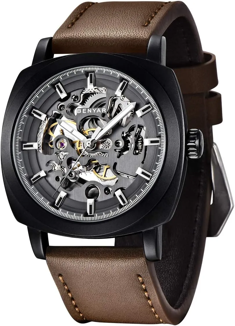 Strap Mens Watch | 45mm Dial | 30M Waterproof | Men's Stylish Gift Benyar Automatic Watches for Men frenzy | Skeleton Mechanical Leather 