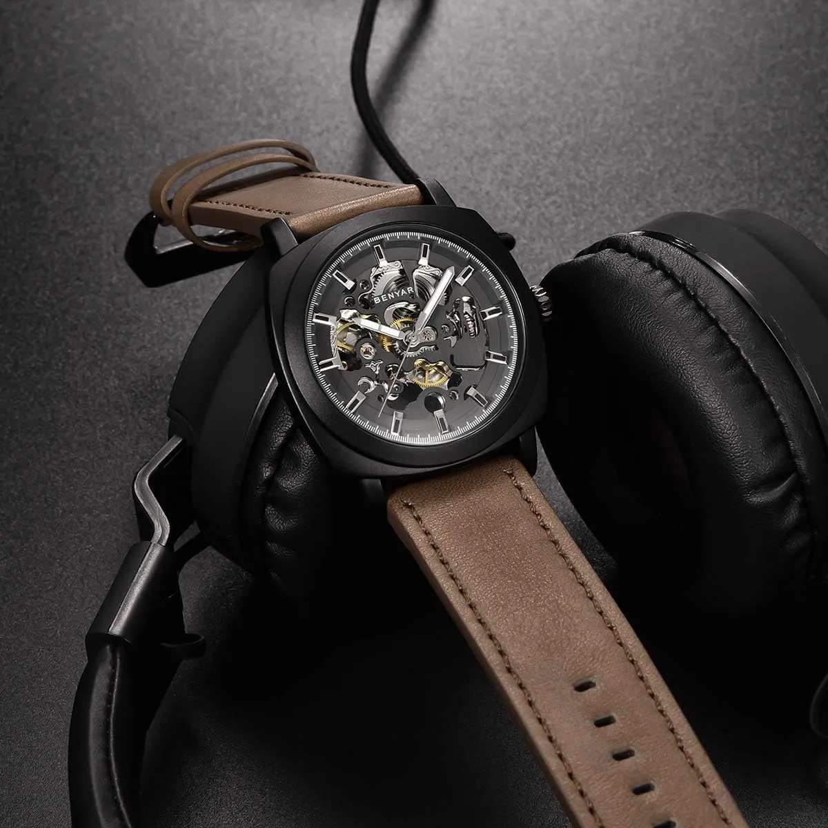 Strap Mens Watch | 45mm Dial | 30M Waterproof | Men's Stylish Gift Benyar Automatic Watches for Men frenzy | Skeleton Mechanical Leather 