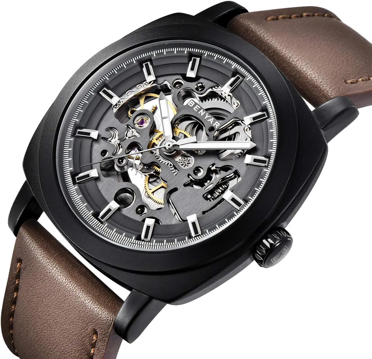 Strap Mens Watch | 45mm Dial | 30M Waterproof | Men's Stylish Gift Benyar Automatic Watches for Men frenzy | Skeleton Mechanical Leather 