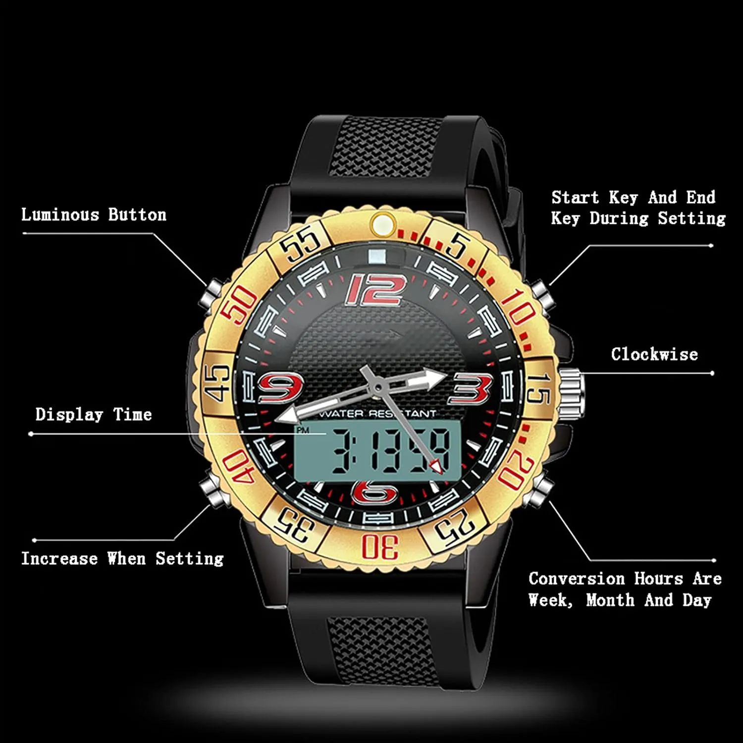 Strap,for Mountaineering Running A Multi-Function Double Display inanity strict Watch,Men's Waterproof Outdoor Sports Watches, Luminous, Silicone 