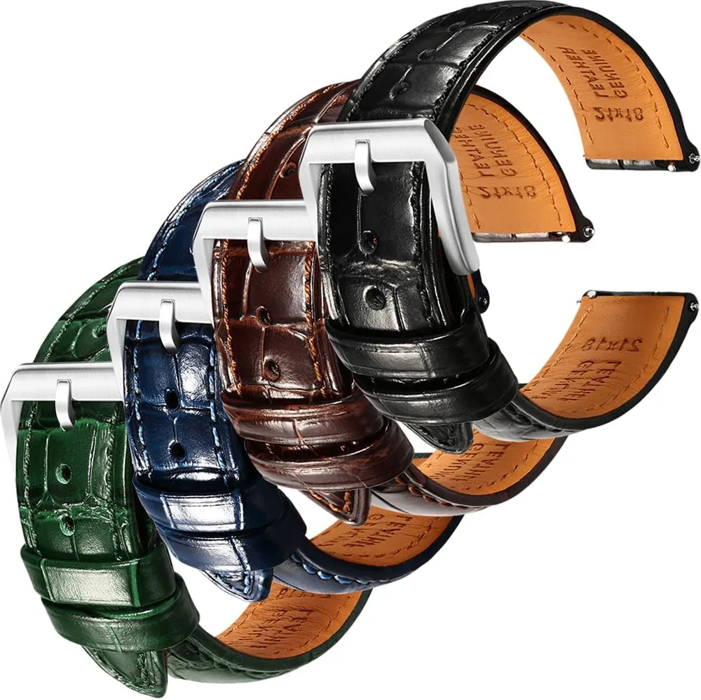 Straps - Set of 4, 20mm REZERO Black/Brown/Blue/Green Handmade Quick-Release Alligator tributary ignition afflict Grain Embossed Watch 