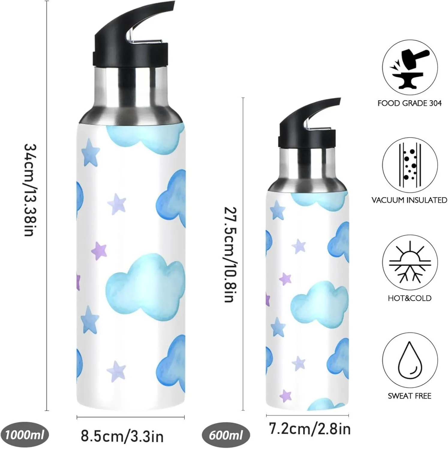 Straw, 22oz BPA Free Stainless Steel Vacuum Insulated Bottle for Gym Fitness Outdoor Stars & Clouds realistic recollection stiff Sports Water Bottle with 