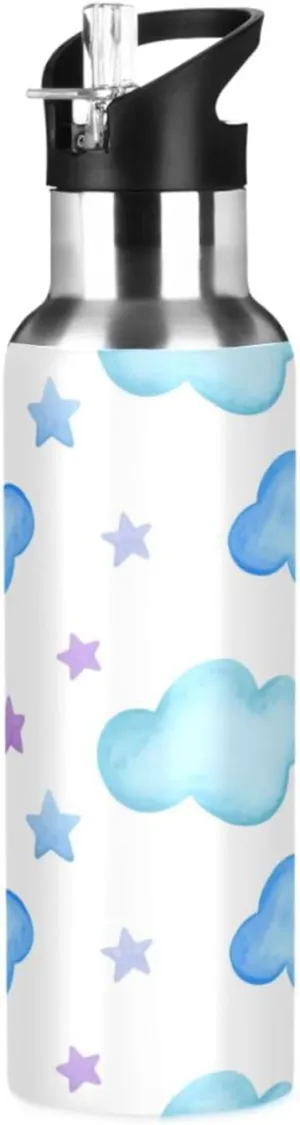 Straw, 22oz BPA Free Stainless Steel Vacuum Insulated Bottle for Gym Fitness Outdoor Stars & Clouds realistic recollection stiff Sports Water Bottle with 