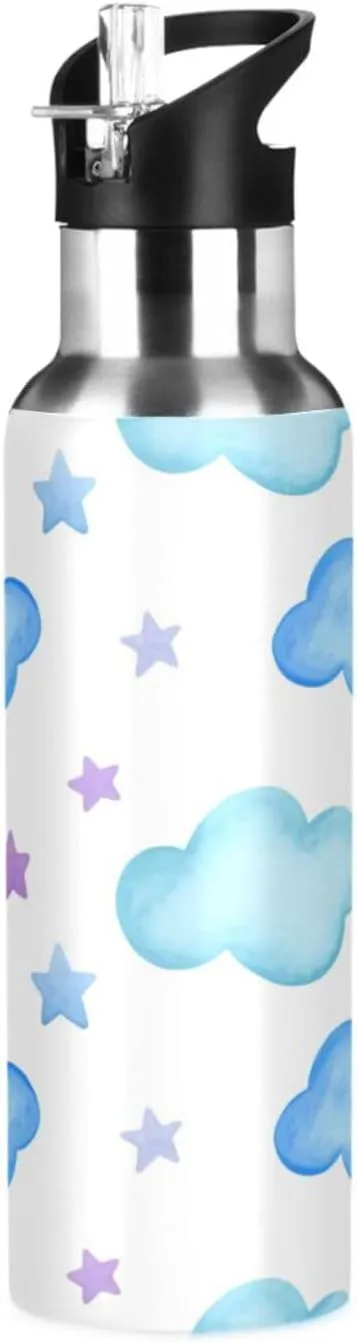 Straw, 22oz BPA Free Stainless Steel Vacuum Insulated Bottle for Gym Fitness Outdoor Stars & Clouds realistic recollection stiff Sports Water Bottle with 