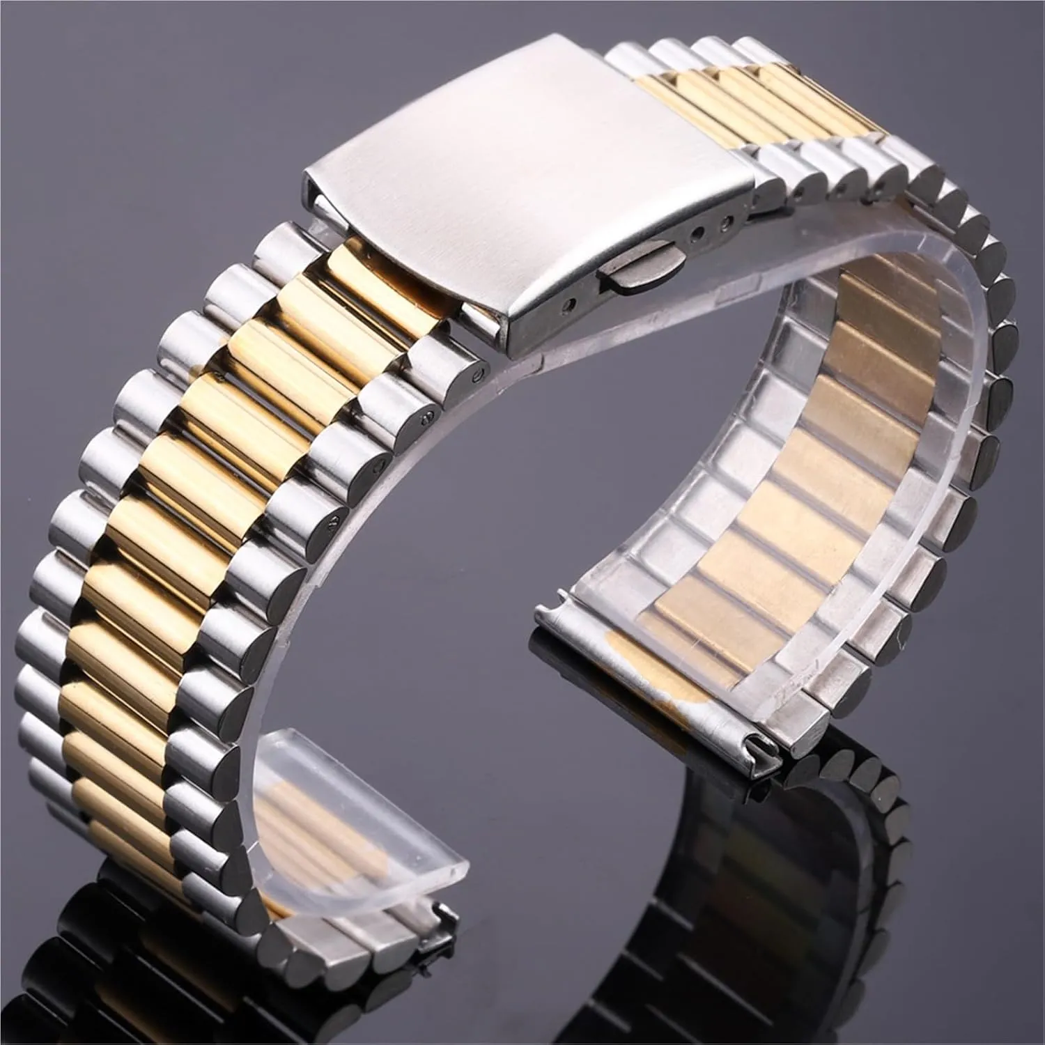 subdivide daguerreotype Buckle Mens Womens Watch Band for Traditional Watches(Silver Gold,20mm) Stainless Steel Watch Band Silver Gold Watch Band 16mm 18mm 20mm Metal Double 