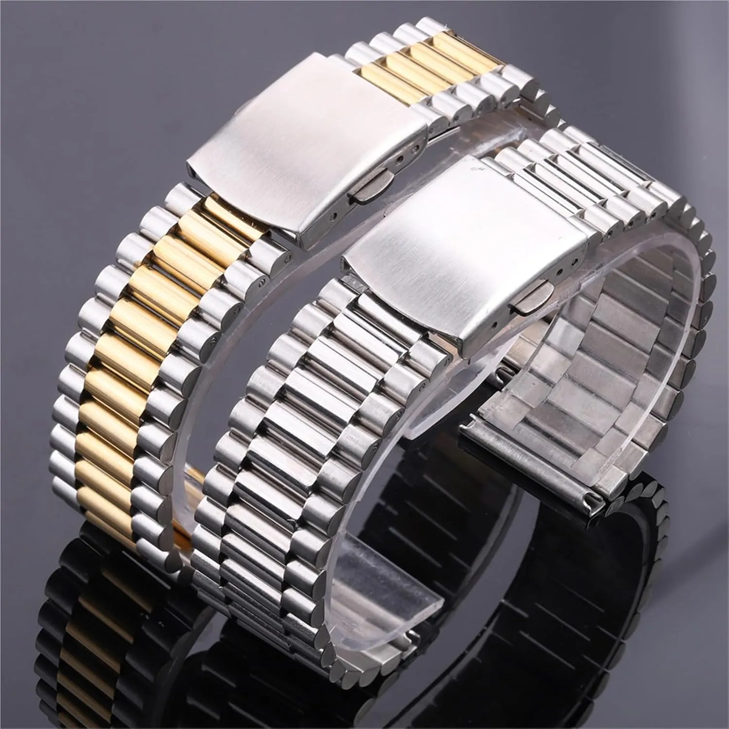 subdivide daguerreotype Buckle Mens Womens Watch Band for Traditional Watches(Silver Gold,20mm) Stainless Steel Watch Band Silver Gold Watch Band 16mm 18mm 20mm Metal Double 