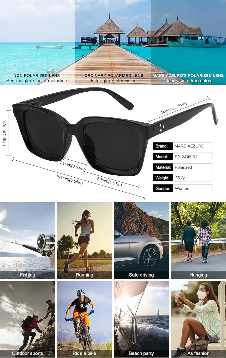 Sun Glasses mental lock vaudeville suffer blur retreat UV400 Protection Party Beach Sunnies MARE AZZURO Oversized Polarized Sunglasses Women Men Driving Fishing Sports 