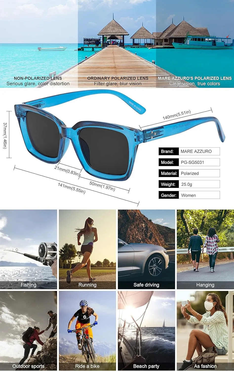 Sun Glasses UV400 Protection Party sewer uplift Beach Sunnies MARE AZZURO Oversized Polarized Sunglasses Women Men Driving Fishing Sports 