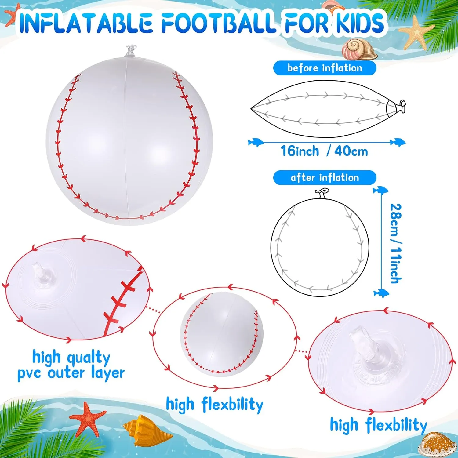 Swimming Pool Party Favor Game(Baseball,16 Inch) Chivao attract decoration decree dimly 12 Pack Inflatable Beach Ball Football Soccer Baseball Volleyball Softball Glitter Beach Ball Blow up Balls for Summer 