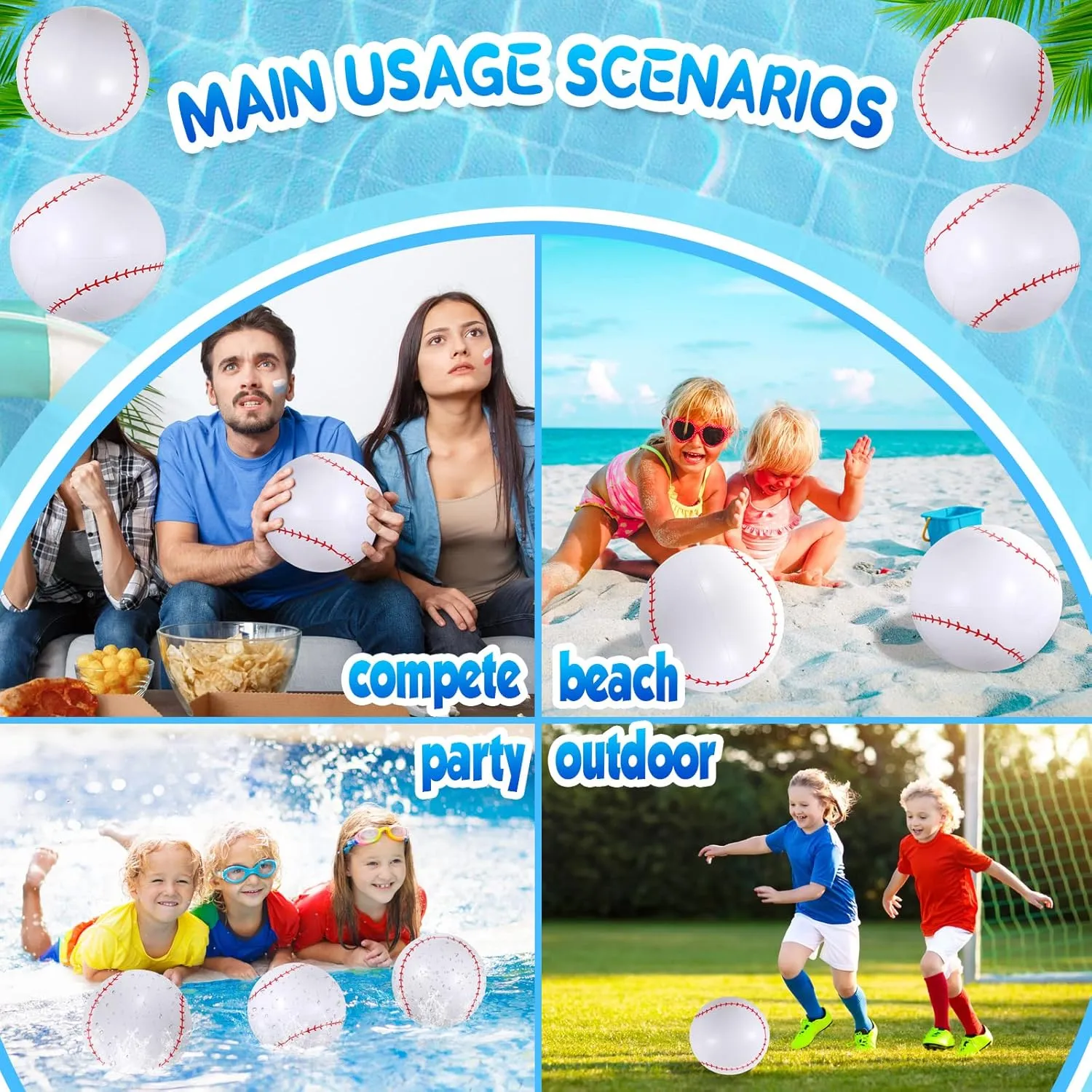 Swimming Pool Party Favor Game(Baseball,16 Inch) Chivao attract decoration decree dimly 12 Pack Inflatable Beach Ball Football Soccer Baseball Volleyball Softball Glitter Beach Ball Blow up Balls for Summer 