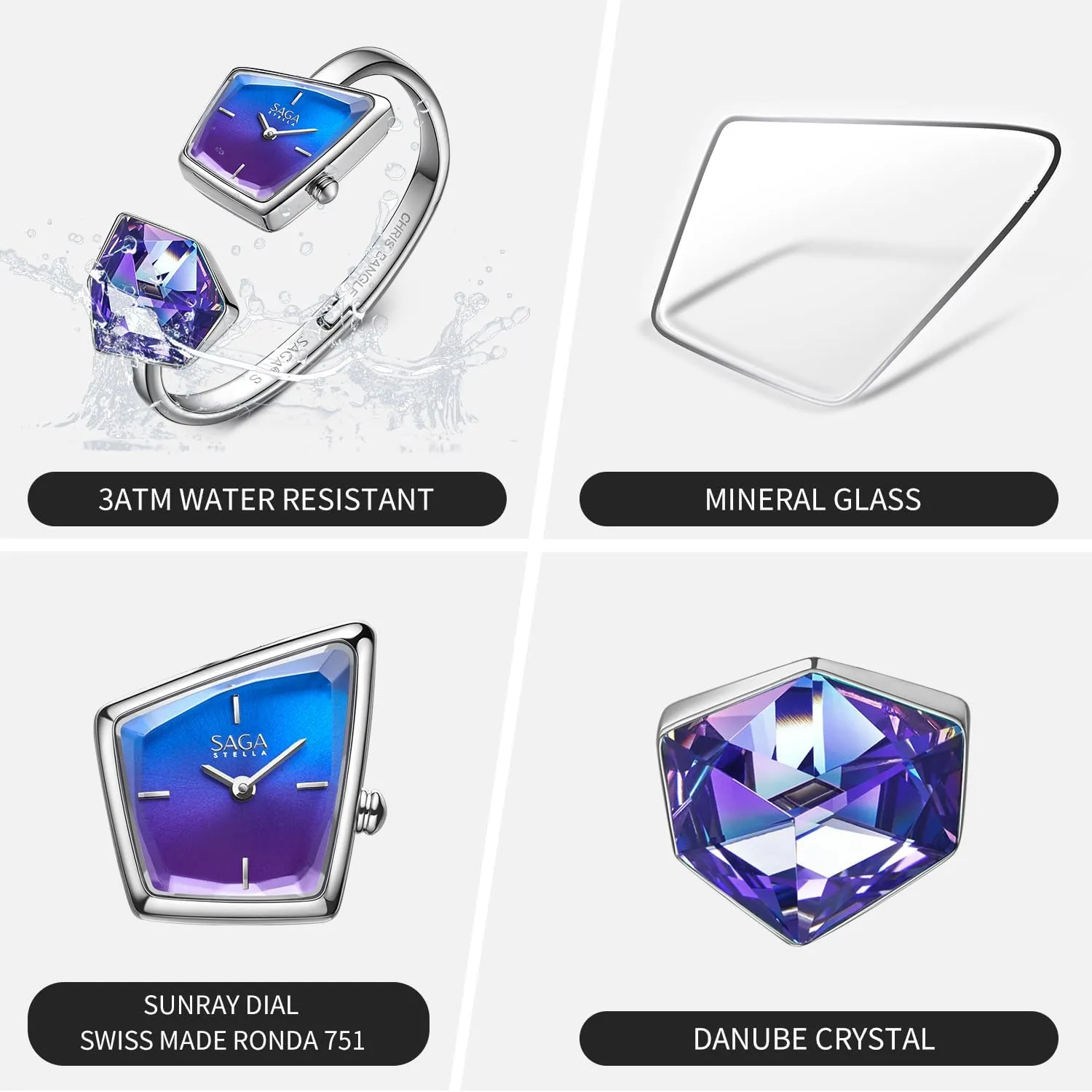 Swiss sponsor Rome Ronda Quartz Movement, 30M Water Resistant SAGA Illusion Women's Luxury Cuff Bangle Watch, Shaped Mineral Case, 316L Stainless Steel Bracelet with Danube Crystals, 