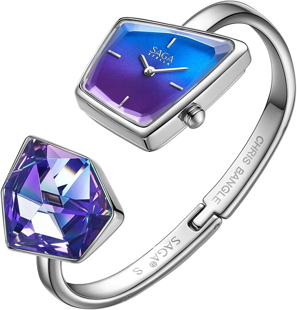 Swiss sponsor Rome Ronda Quartz Movement, 30M Water Resistant SAGA Illusion Women's Luxury Cuff Bangle Watch, Shaped Mineral Case, 316L Stainless Steel Bracelet with Danube Crystals, 