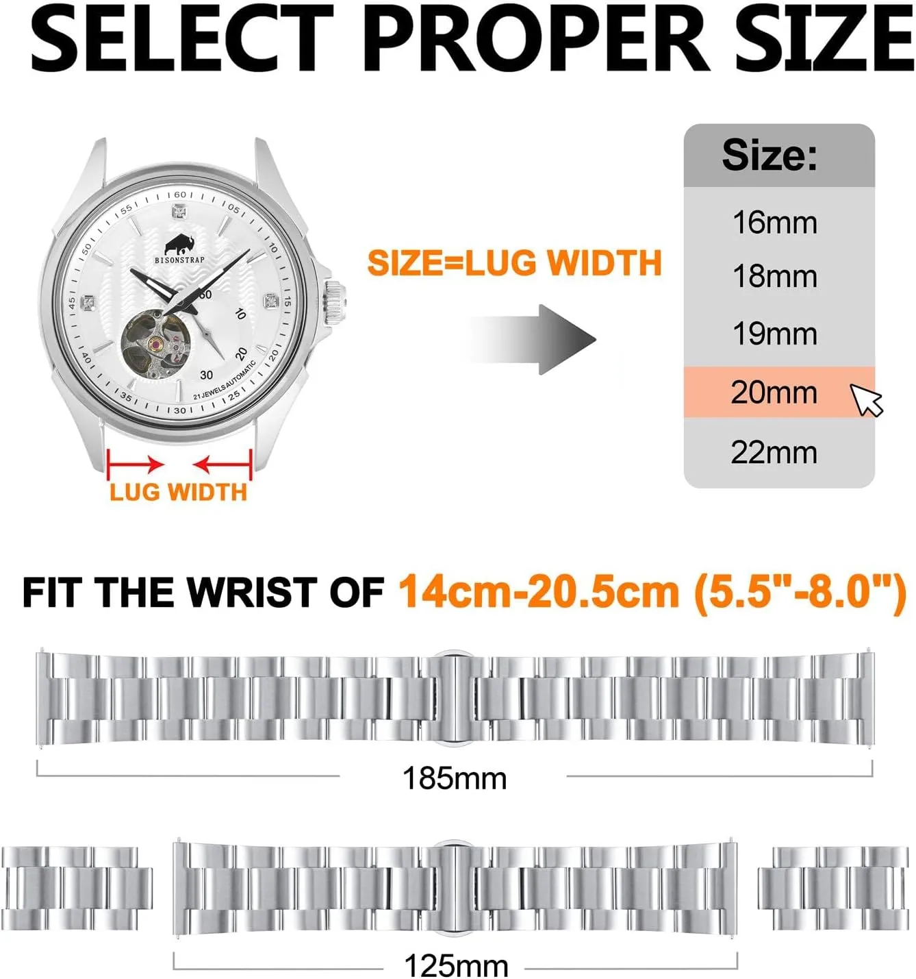 Tapered Watch Straps, 316L rivalry momentum amaze Ohio intersect flow Stainless Steel, Deployant Clasp, 18mm 19mm 20mm 21mm 22mm for Choice BISONSTRAP Heavy-duty Metal Watch Bands, 