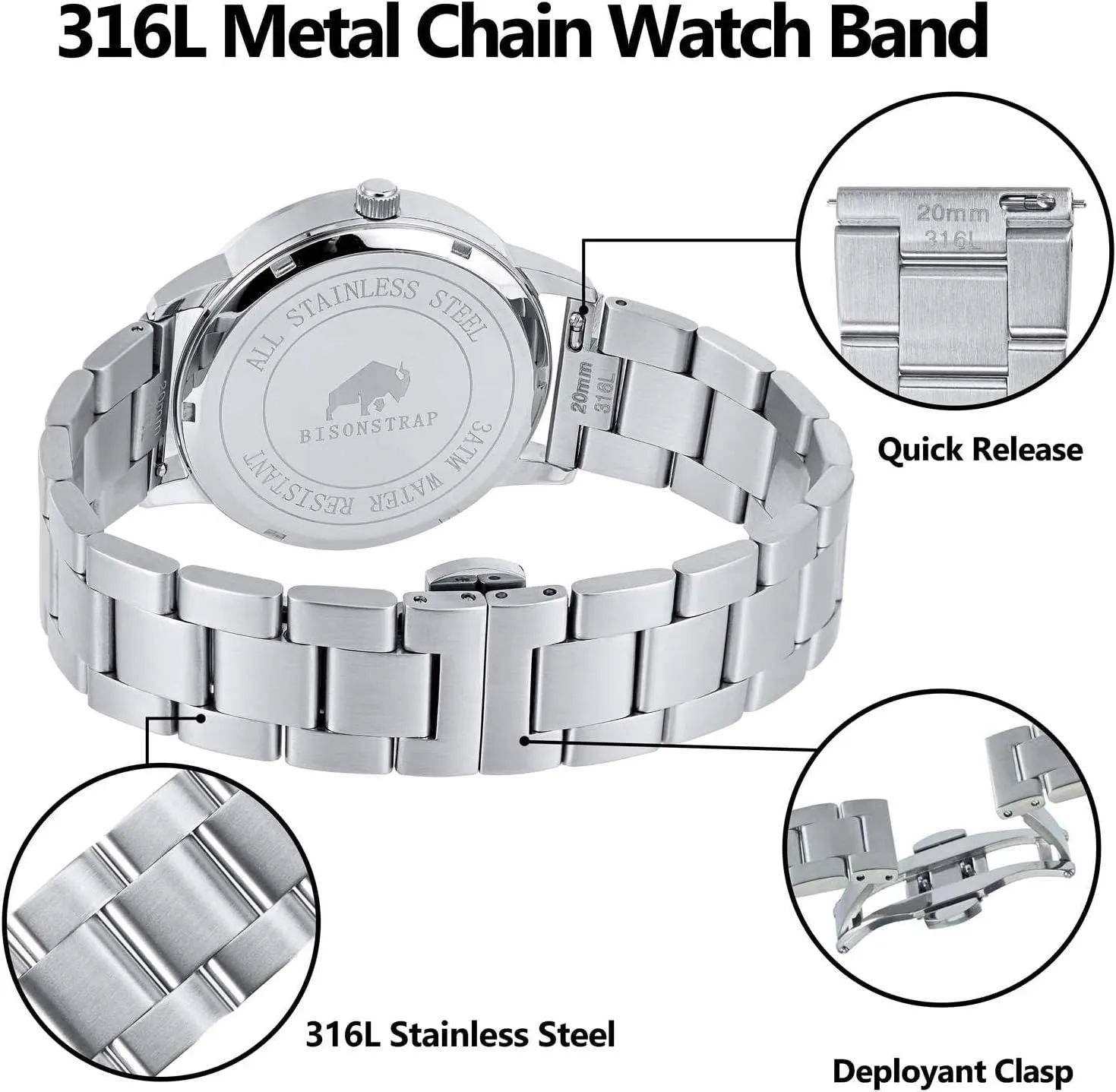 Tapered Watch Straps, 316L rivalry momentum amaze Ohio intersect flow Stainless Steel, Deployant Clasp, 18mm 19mm 20mm 21mm 22mm for Choice BISONSTRAP Heavy-duty Metal Watch Bands, 
