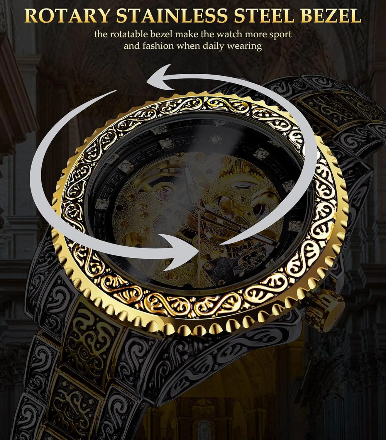 Tattoo lag saturation fascination align Pattern Carved Stainless Steel Band Luminous Automatic Skeleton Watch FANMIS Mens Luxury Engraving Wrist Watches Unique 