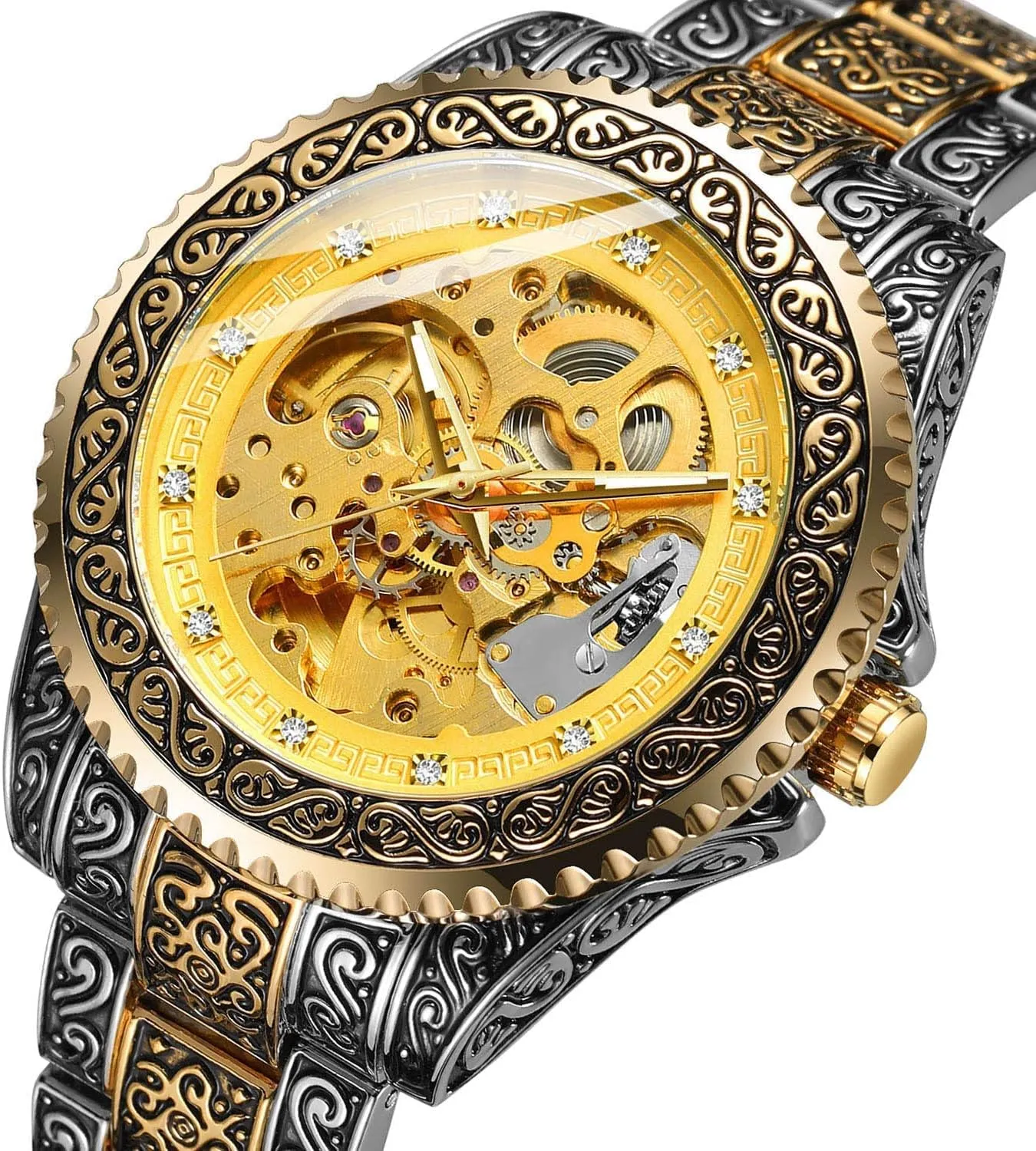Tattoo lag saturation fascination align Pattern Carved Stainless Steel Band Luminous Automatic Skeleton Watch FANMIS Mens Luxury Engraving Wrist Watches Unique 
