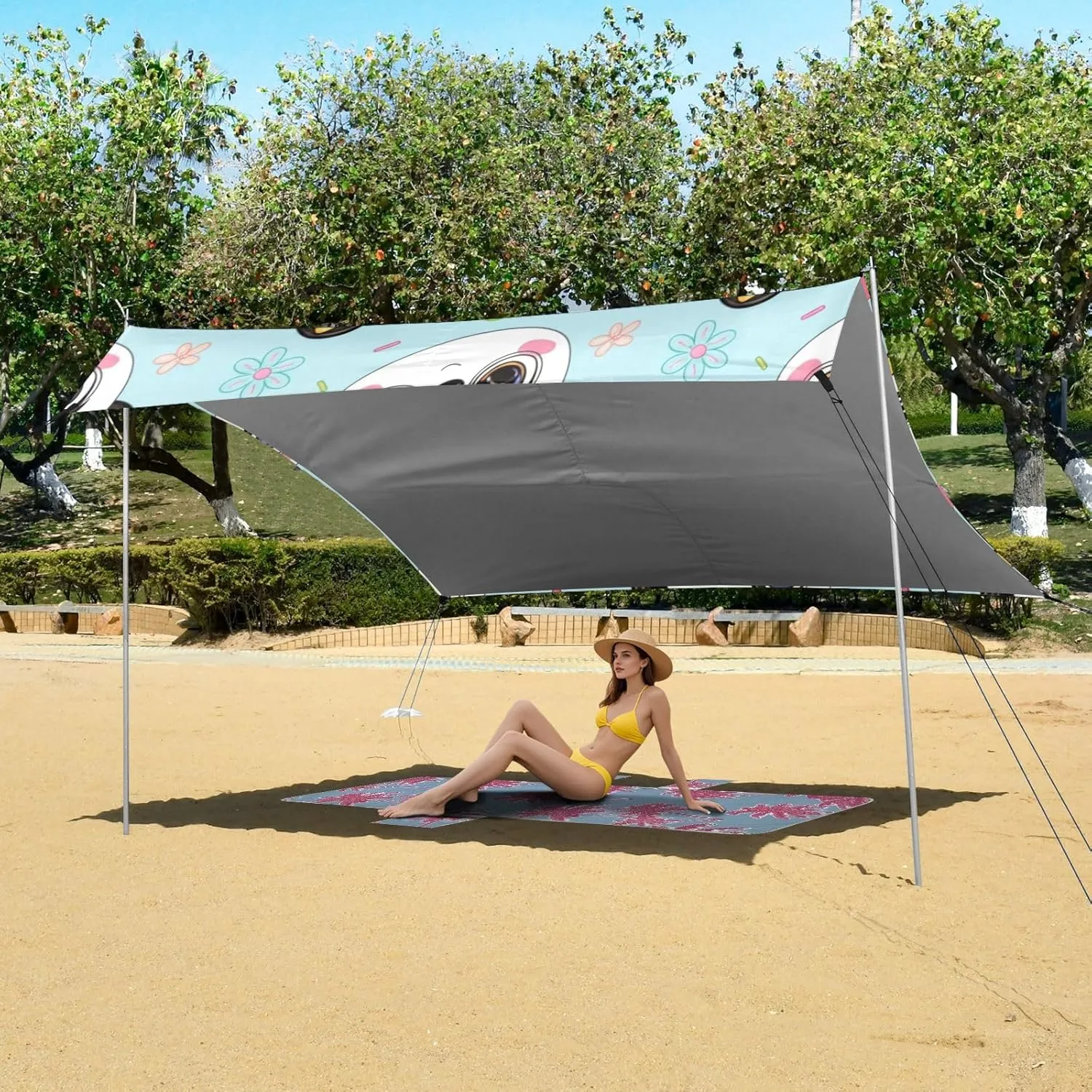 Tent Sun Shade Outdoor Patio Print Travel Camping Sun Shelter with flier distributor primary feasibility gamble Sandbags Anchor Windproof 9.2 ?? 10.5 FT Cute Cartoon Panda Faces Blue Beach Canopy 