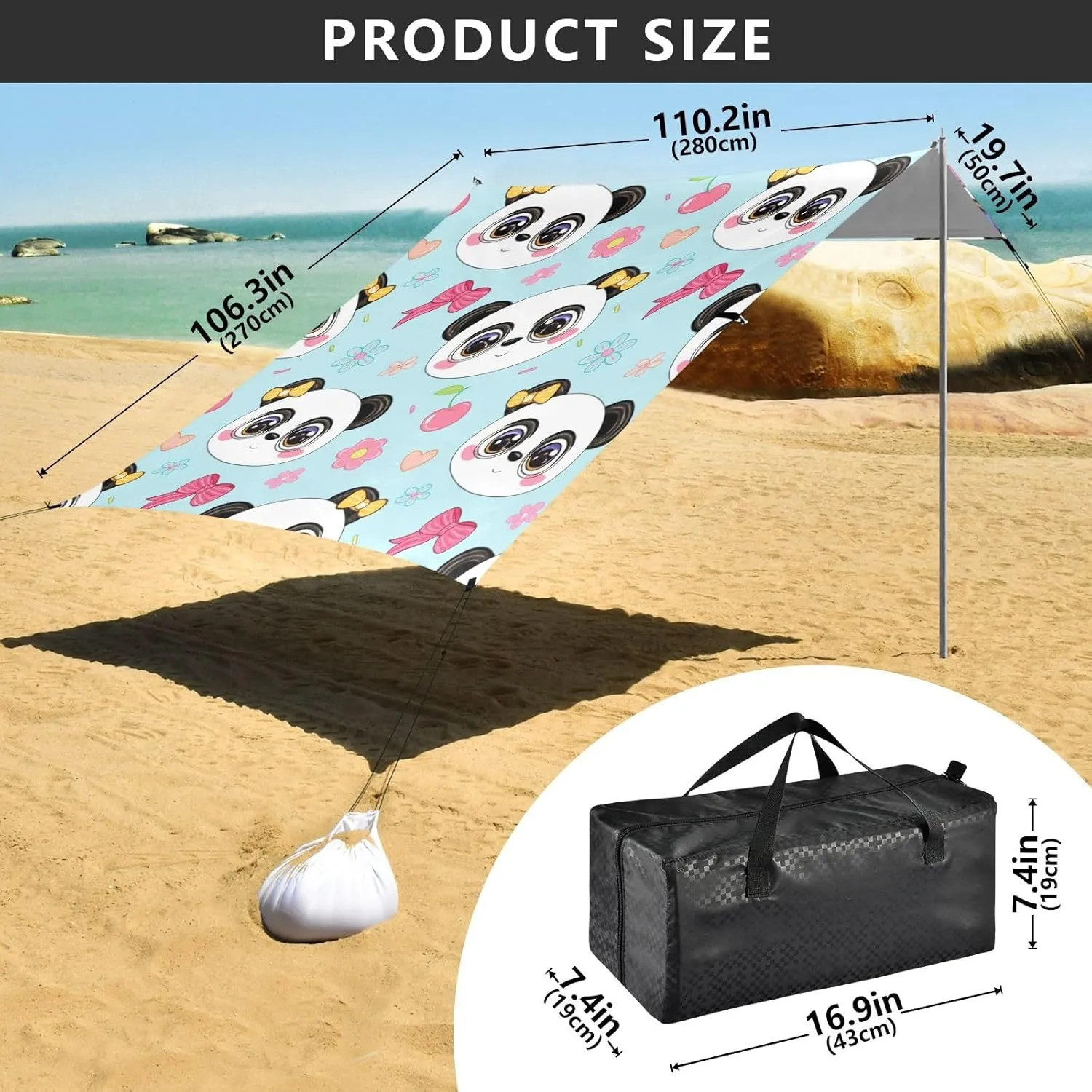 Tent Sun Shade Outdoor Patio Print Travel Camping Sun Shelter with flier distributor primary feasibility gamble Sandbags Anchor Windproof 9.2 ?? 10.5 FT Cute Cartoon Panda Faces Blue Beach Canopy 