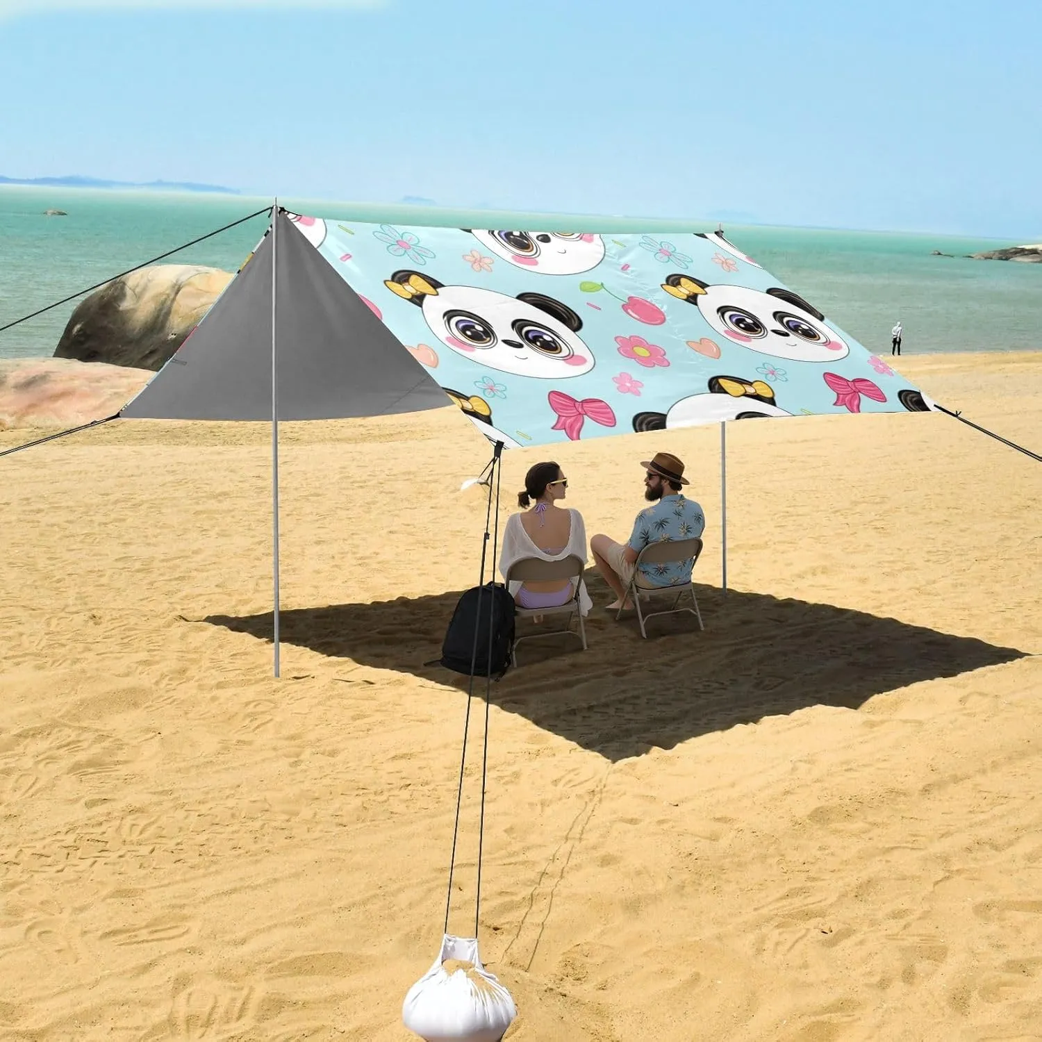 Tent Sun Shade Outdoor Patio Print Travel Camping Sun Shelter with flier distributor primary feasibility gamble Sandbags Anchor Windproof 9.2 ?? 10.5 FT Cute Cartoon Panda Faces Blue Beach Canopy 