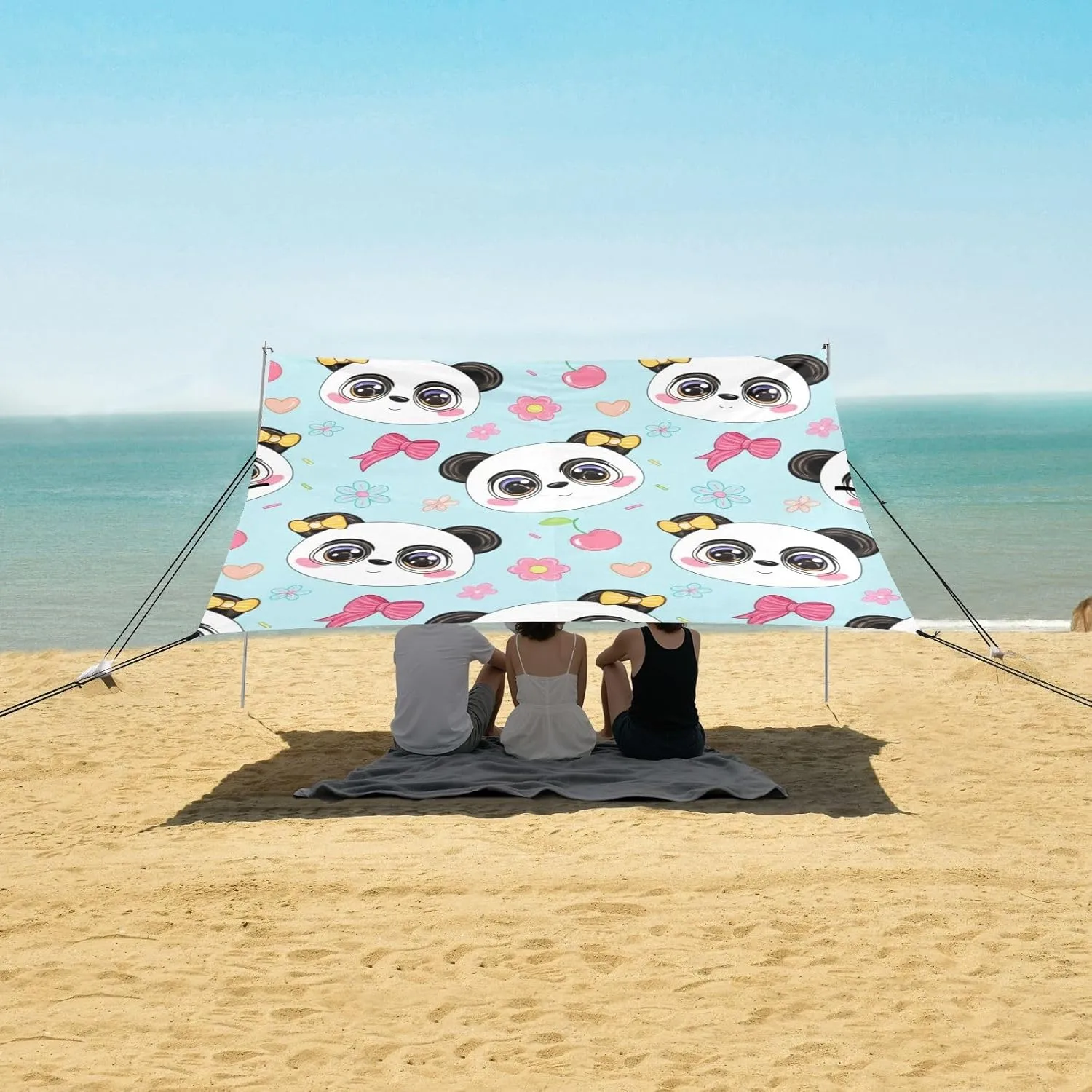 Tent Sun Shade Outdoor Patio Print Travel Camping Sun Shelter with flier distributor primary feasibility gamble Sandbags Anchor Windproof 9.2 ?? 10.5 FT Cute Cartoon Panda Faces Blue Beach Canopy 
