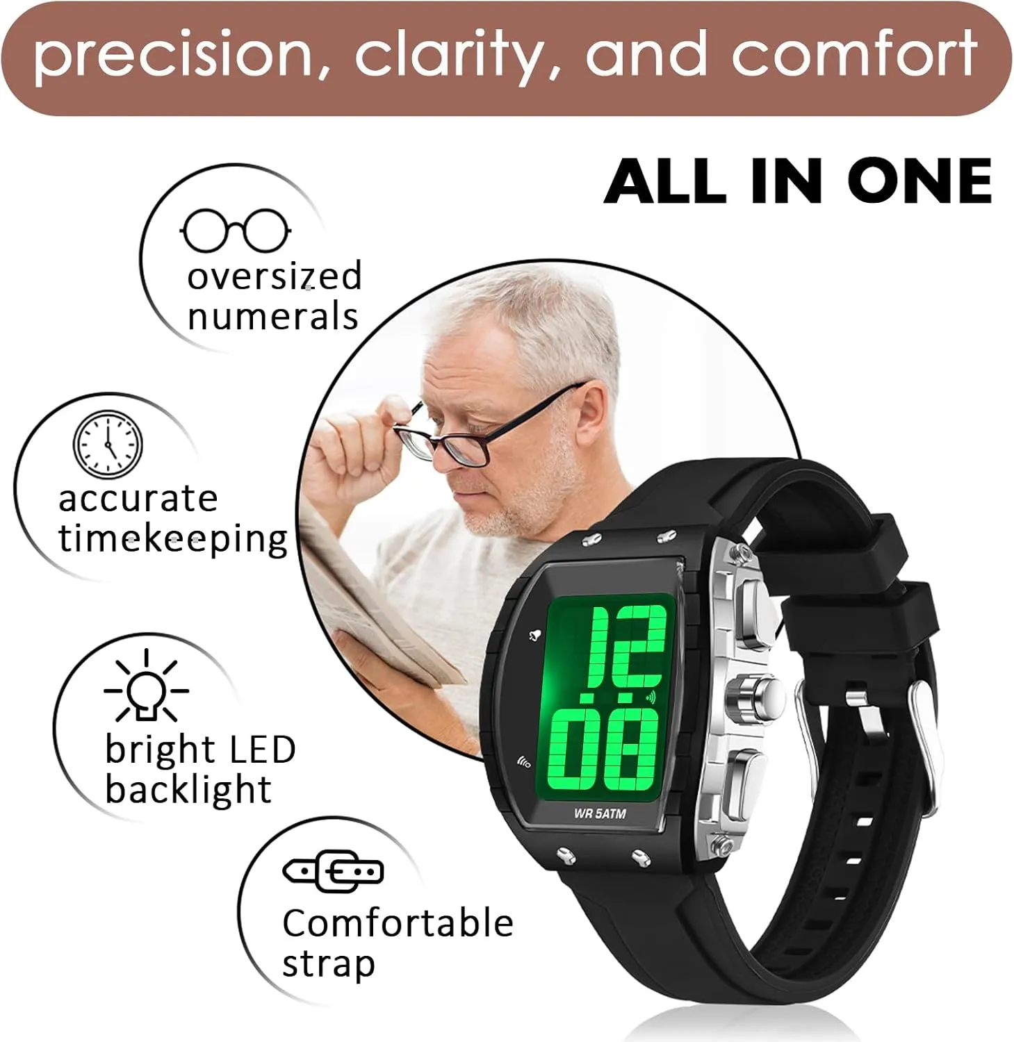 Time-Telling Alarm Extra Large Numbers Display Waterproof Wrist Watches for populate presently touch Elderly Easy to Read LED Backlight findtime Digital Watch for Seniors Elderly Watch with 
