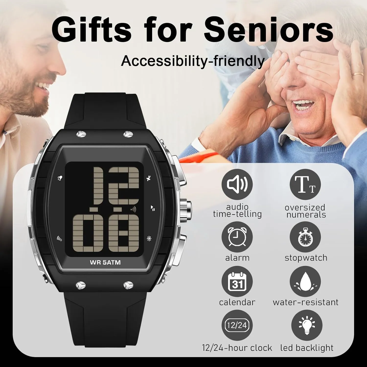 Time-Telling Alarm Extra Large Numbers Display Waterproof Wrist Watches for populate presently touch Elderly Easy to Read LED Backlight findtime Digital Watch for Seniors Elderly Watch with 