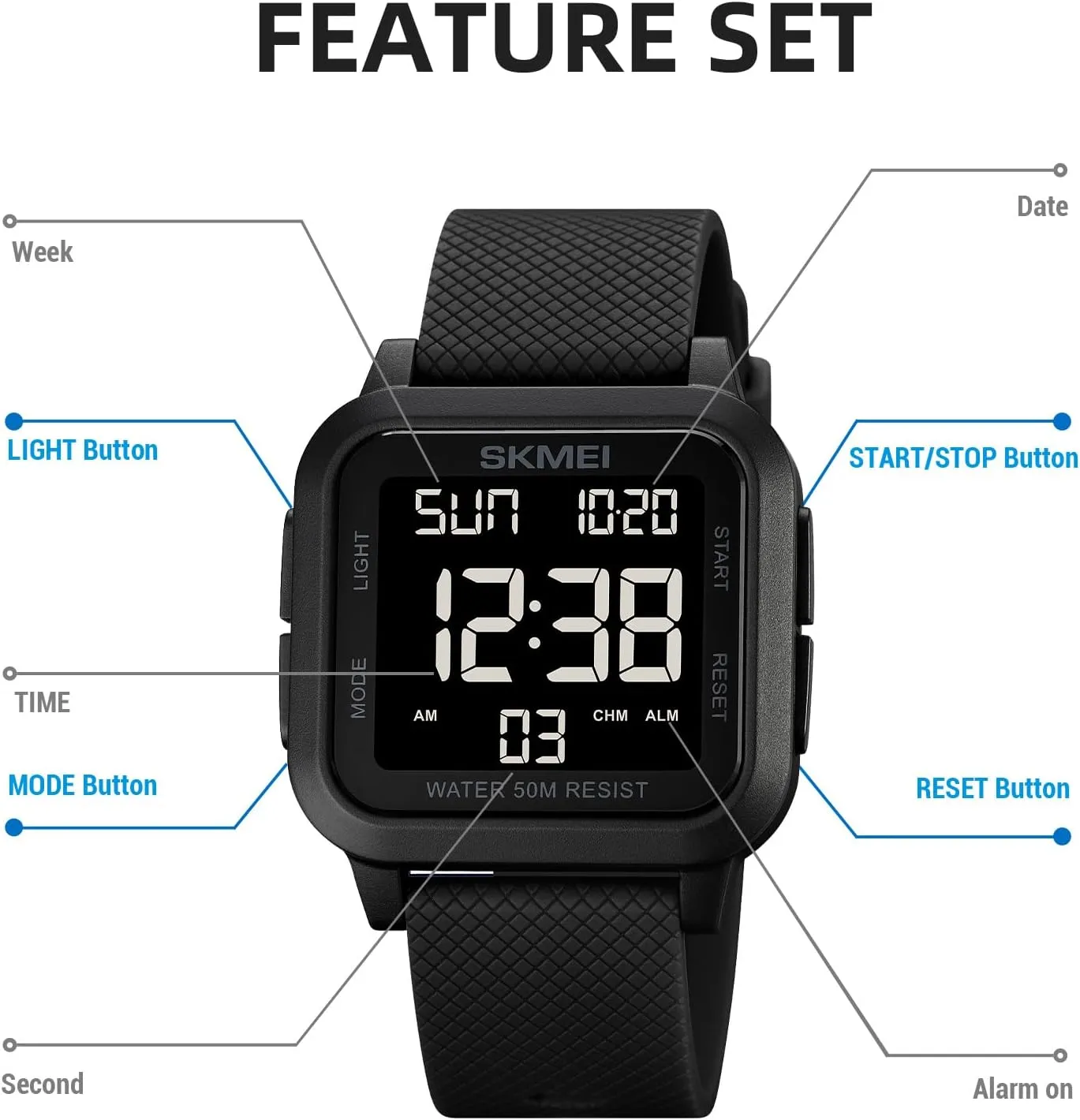 Timer Alarm Function Dual Time Large Face Easy to Read SKMEI purposefully Digital Sports Mens Watches 5ATM Waterproof Wrist Watches for Men with Stopwatch Countdown 