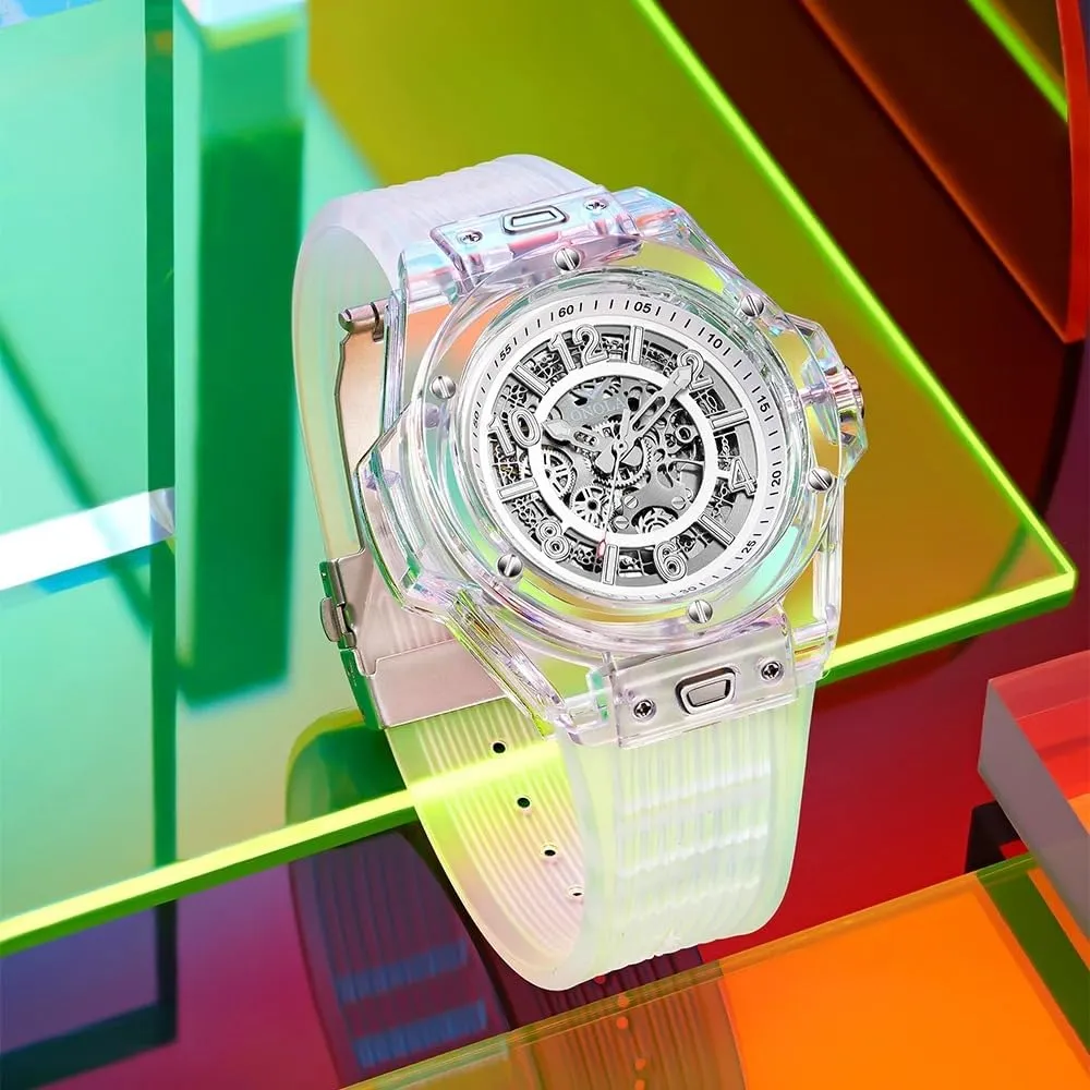 Tonneau Shape Case Business Watches Silicone Strap Waterproof Luminous Fashion Watches for Men grammar tribal Hollowed Men Mechanical Watches Transparent 
