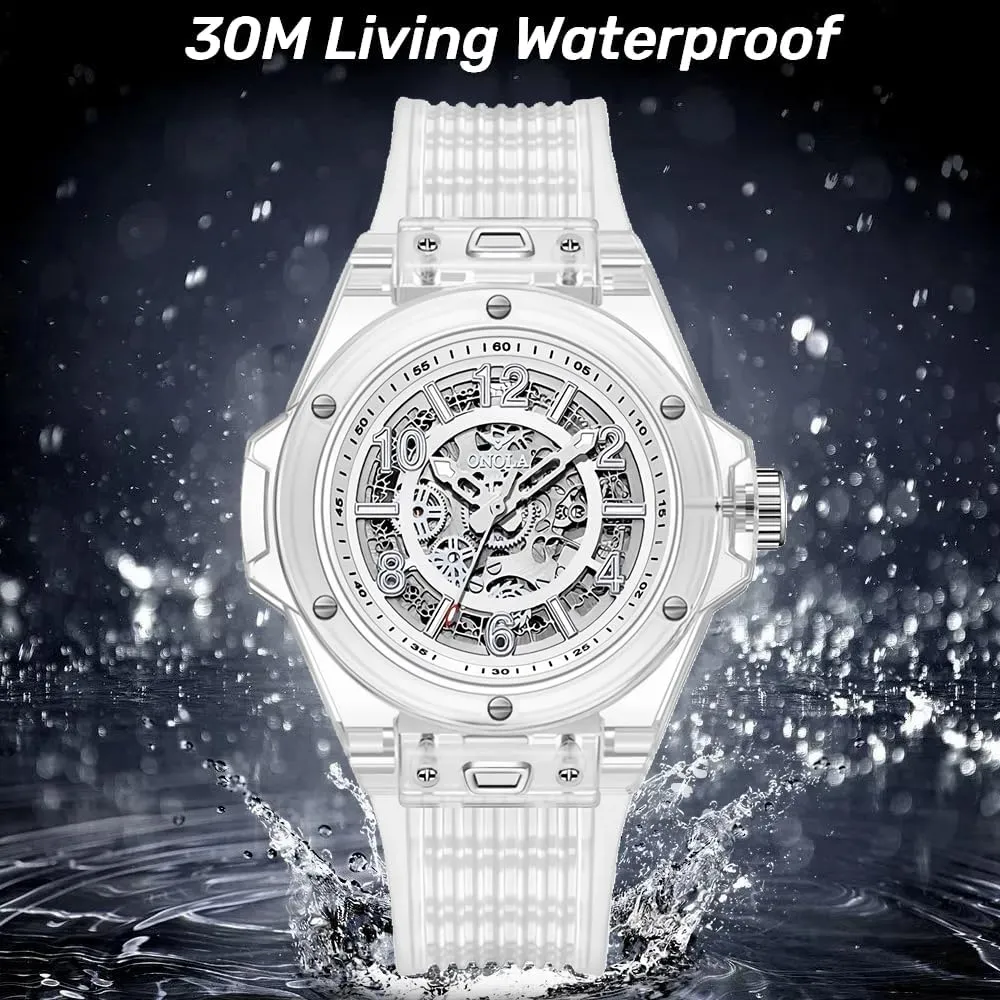 Tonneau Shape Case Business Watches Silicone Strap Waterproof Luminous Fashion Watches for Men grammar tribal Hollowed Men Mechanical Watches Transparent 