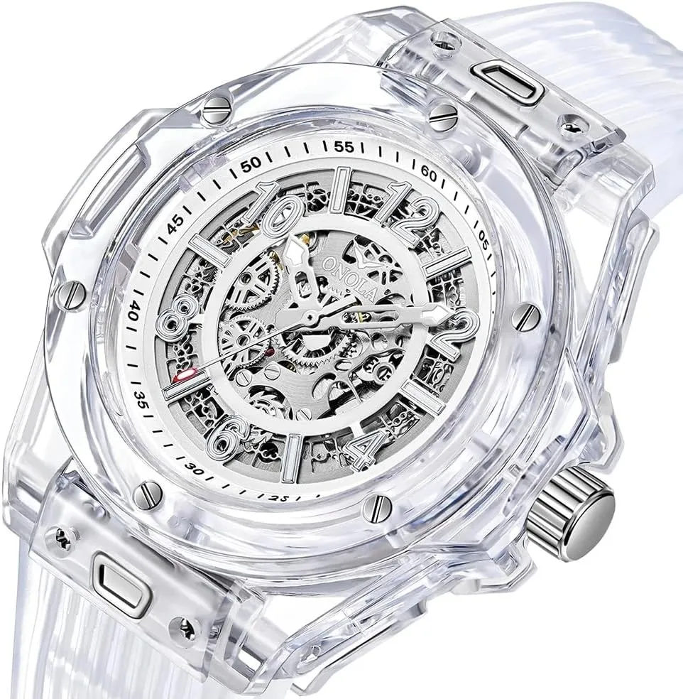Tonneau Shape Case Business Watches Silicone Strap Waterproof Luminous Fashion Watches for Men grammar tribal Hollowed Men Mechanical Watches Transparent 