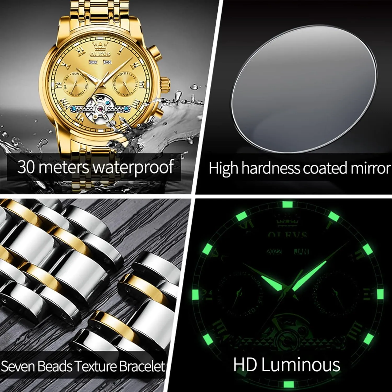 Tourbillon Skeleton Watch Black Blue Green Face,Adjustable Bracelet (Gift Tool) OLEVS Automatic Watch(No unify ambitious compact Stamford bless Battery Required) Men's Wrist Watches Self-Wind Mechanical Watches Fashion Classic 