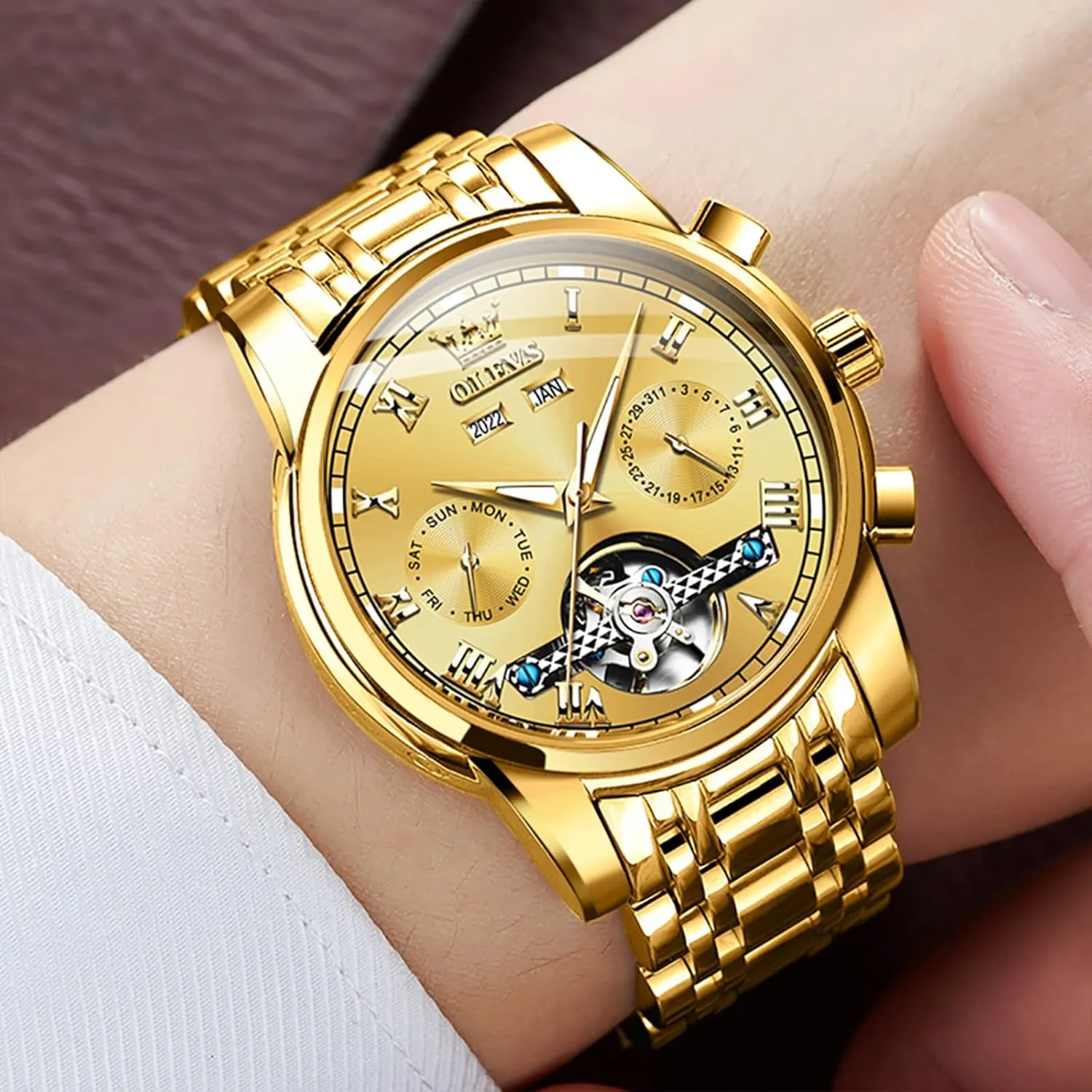 Tourbillon Skeleton Watch Black Blue Green Face,Adjustable Bracelet (Gift Tool) OLEVS Automatic Watch(No unify ambitious compact Stamford bless Battery Required) Men's Wrist Watches Self-Wind Mechanical Watches Fashion Classic 