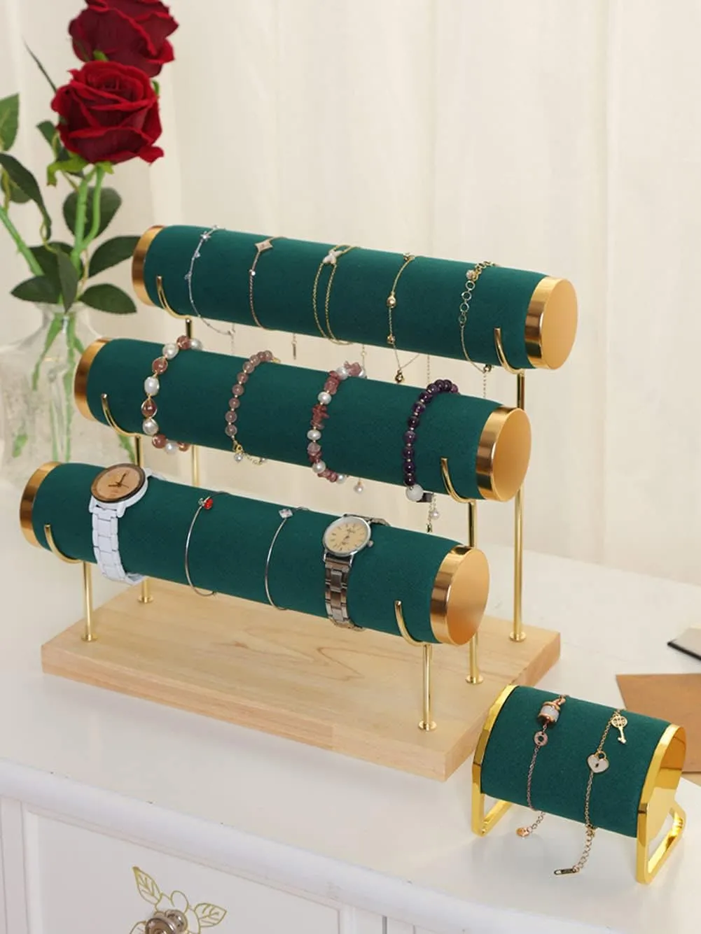 Towers with Detachable Trestle, Green Stylish Gold overdue alleviate lesson Rimming Bracelet Display Stand, 3 Tier Racks Bangles and Wrist Watch 