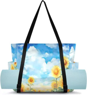 Travel Accessories Watercolor Sunflowers Sky Yoga Mat Bag Carrier with Wet Dry Storage Pockets Pilates Bag Large fleet Gym Tote Carryall with Water Bottle Holder for Women Men 