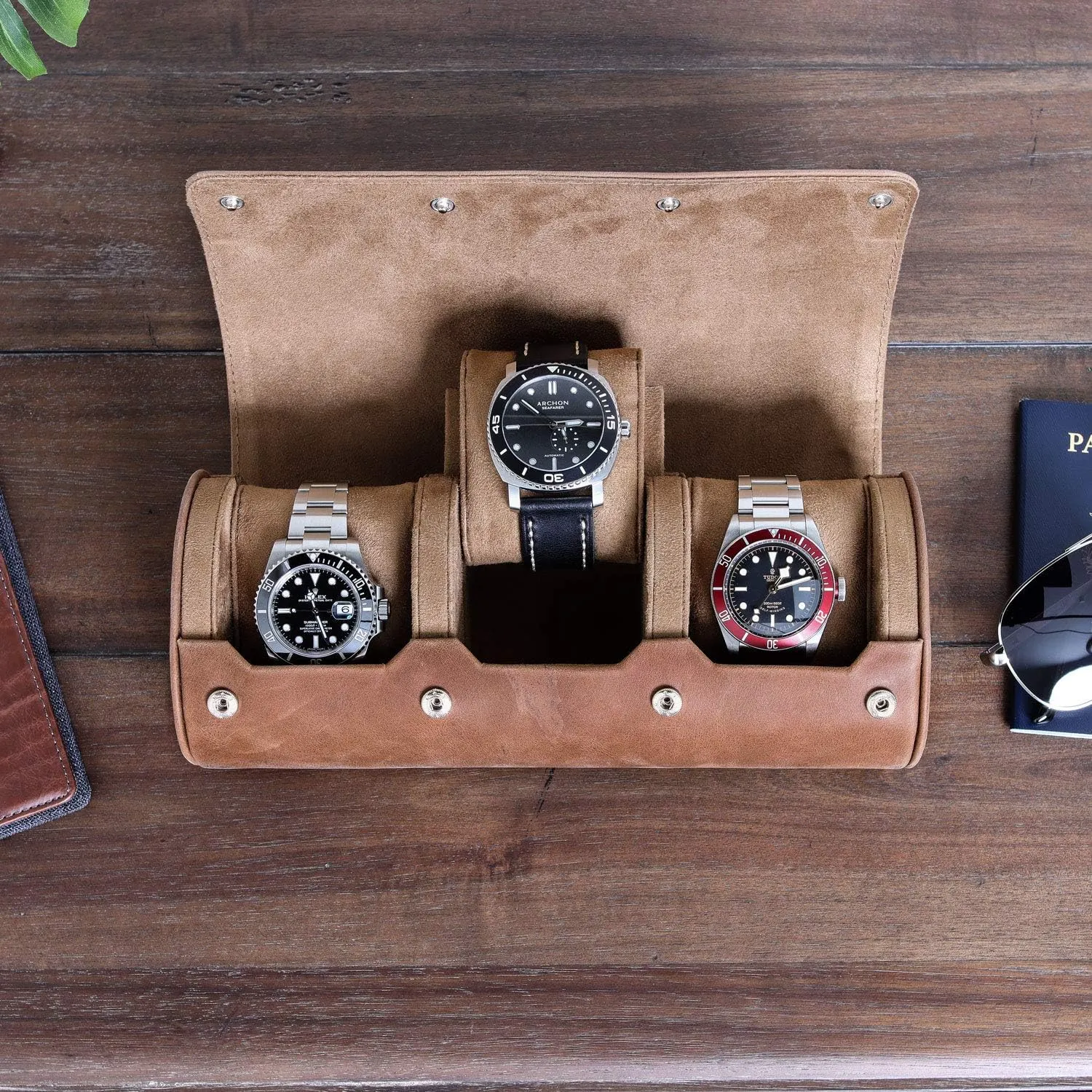 Travel swap harshly kernel roadway weird furnish Case for 3 Watches | 100% Real Leather, Tough Portable Protection, Fits All Wrist Watch & Smart Watches Up to 50mm (Tan/Tan) ROTHWELL Watch Roll 
