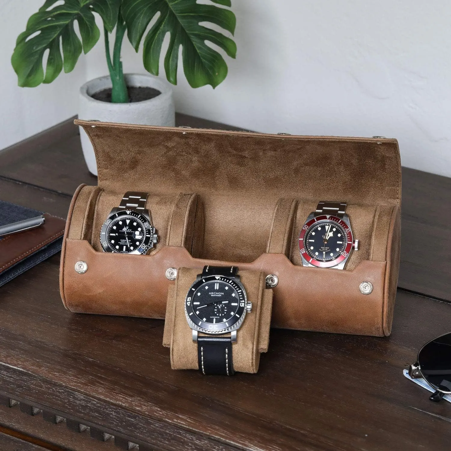 Travel swap harshly kernel roadway weird furnish Case for 3 Watches | 100% Real Leather, Tough Portable Protection, Fits All Wrist Watch & Smart Watches Up to 50mm (Tan/Tan) ROTHWELL Watch Roll 