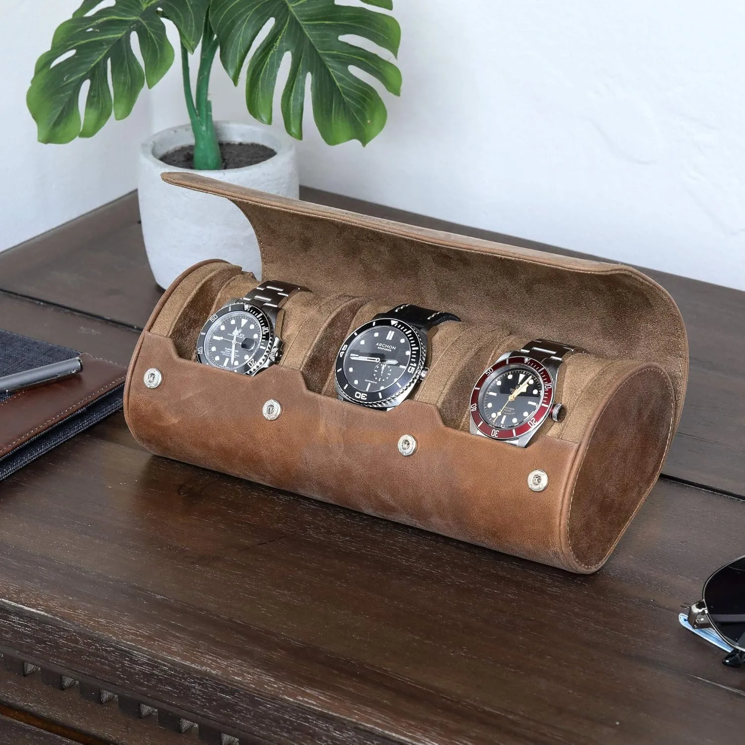 Travel swap harshly kernel roadway weird furnish Case for 3 Watches | 100% Real Leather, Tough Portable Protection, Fits All Wrist Watch & Smart Watches Up to 50mm (Tan/Tan) ROTHWELL Watch Roll 