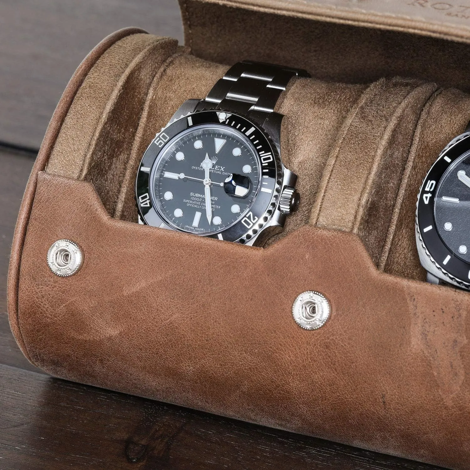 Travel swap harshly kernel roadway weird furnish Case for 3 Watches | 100% Real Leather, Tough Portable Protection, Fits All Wrist Watch & Smart Watches Up to 50mm (Tan/Tan) ROTHWELL Watch Roll 