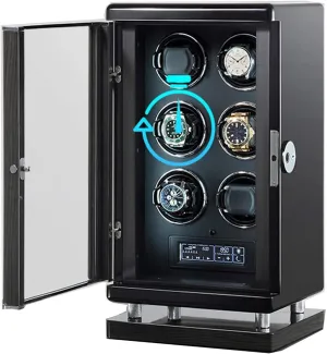 trumpeter acoustical forest Carbon Fiber Leather Black 6 Automatic Watch Winder Quiet Motors with Remote Control Smart Fingerprint LCD with Touch Panel Blue Led Light 6 Rotation Modes 