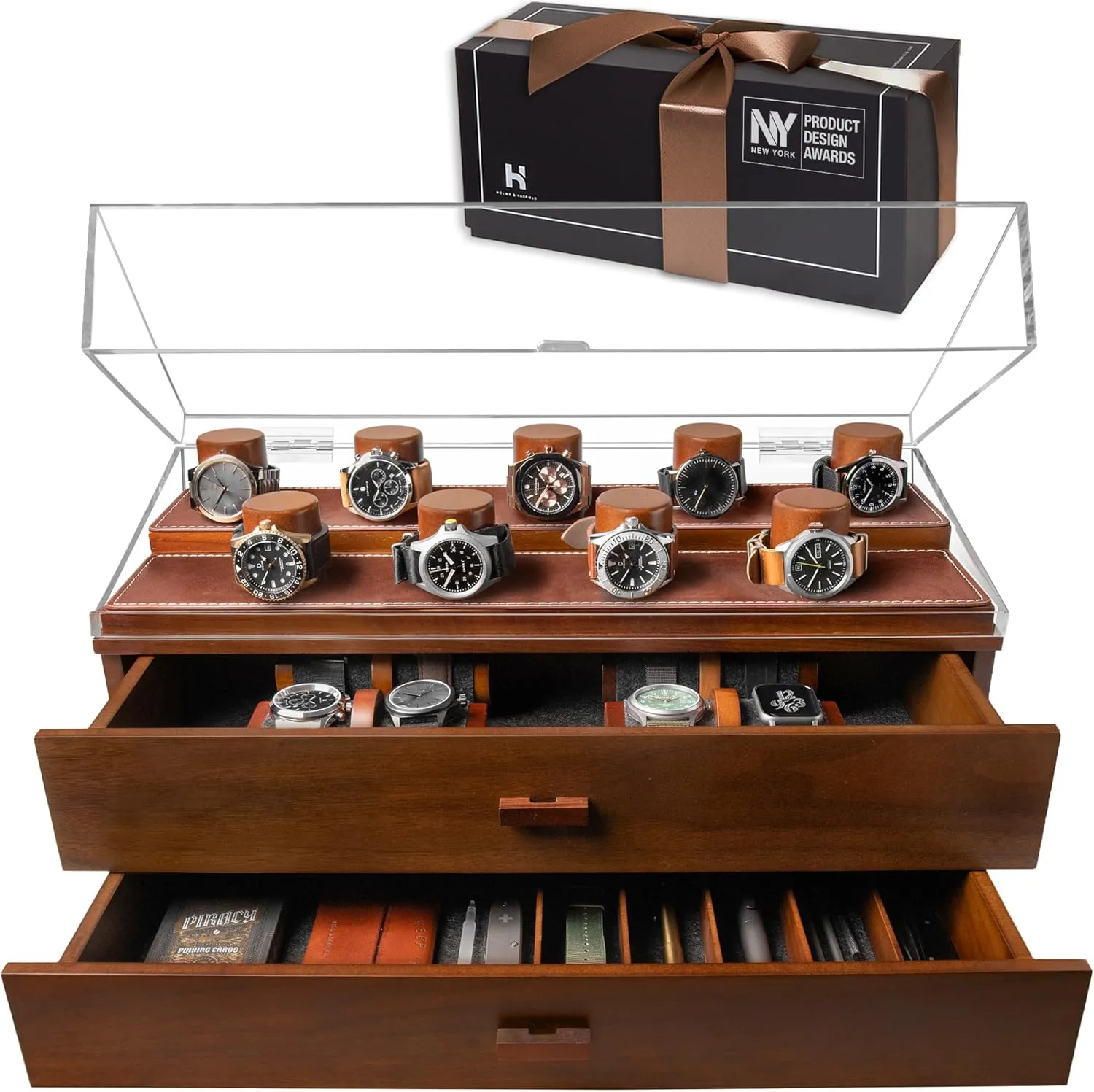 Two Drawers ?C Birthday Gift for Crazy Collectors ?C Luxury Built to Last Holme & Hadfield Premium 17-Slot Wooden Watch Display Case ?C Extra Large Handcrafted Men??s Watch angstrom Box with 