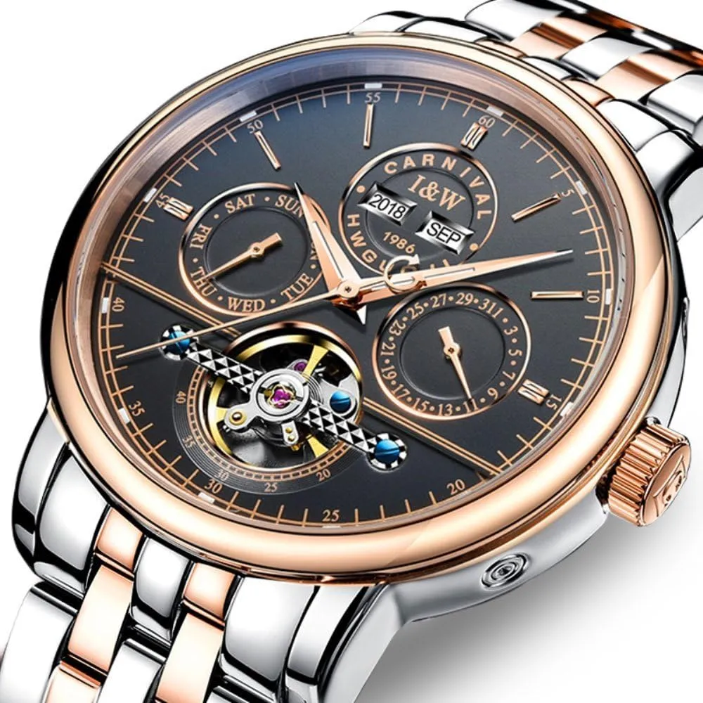 unaided Tourbillon Automatic Mechanical Watches for Mens Swiss Brand Waterproof Stainless Steel Plated Watches 
