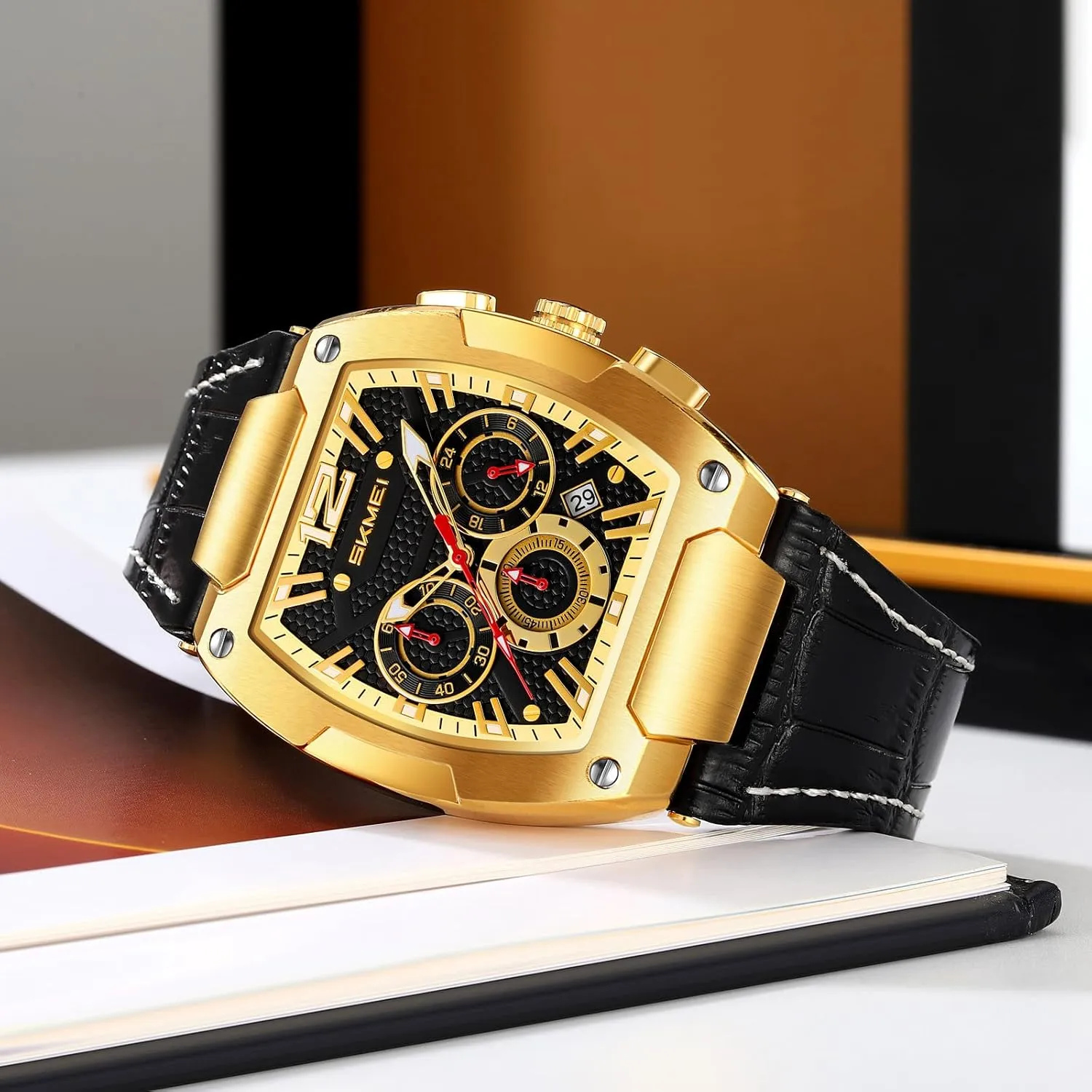 Unique Wrist Watch MASTOP Mens Luxury Tonneau Square internal affable Watches Analog Punk Leather Strap Chronograph 