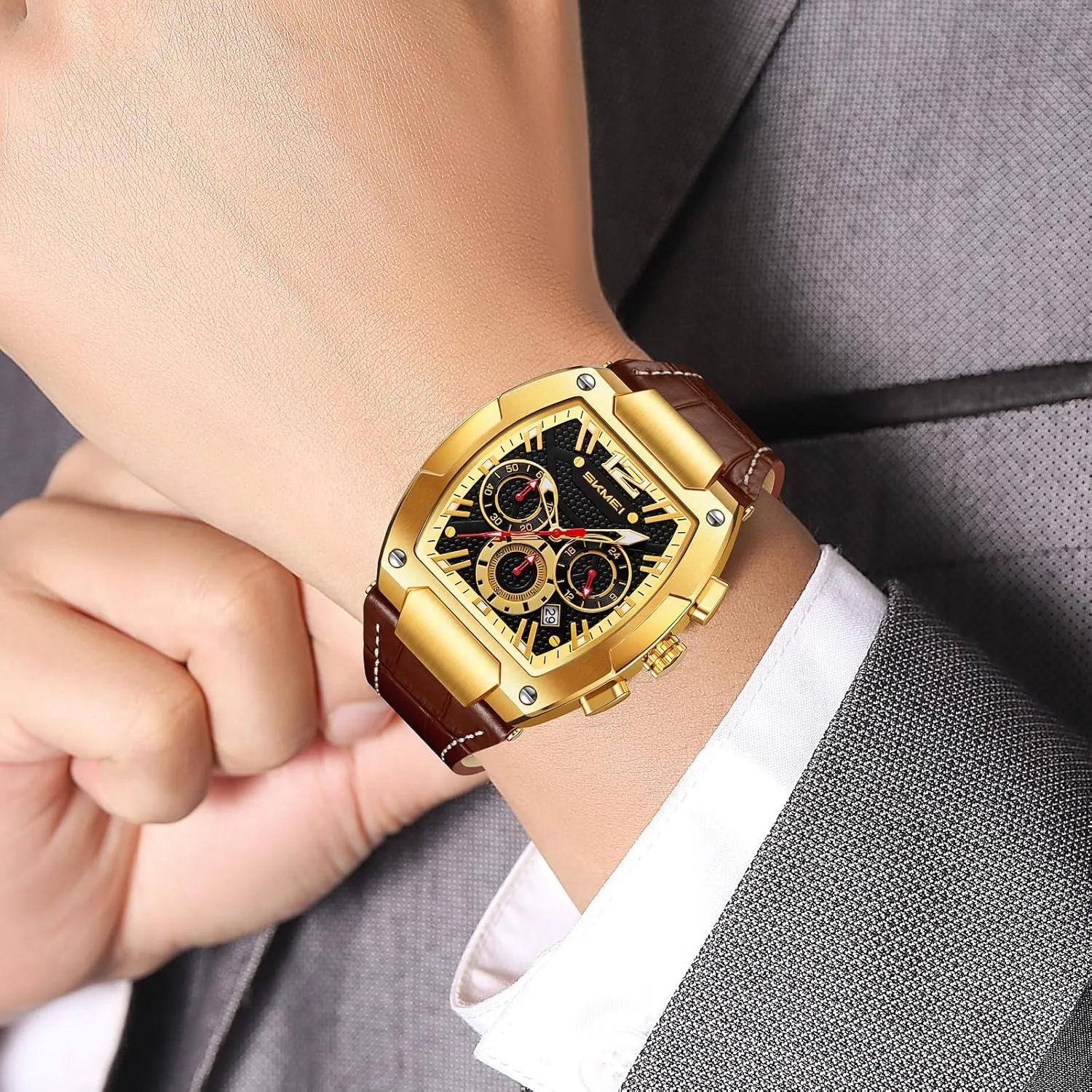 Unique Wrist Watch MASTOP Mens Luxury Tonneau Square internal affable Watches Analog Punk Leather Strap Chronograph 
