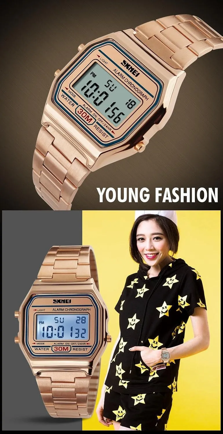 Unisex Women's Men's Digital Multifunction Sports Watch repetitive Stainless Steel Band Square Waterproof Electronic Led Watch Gosasa Classic 