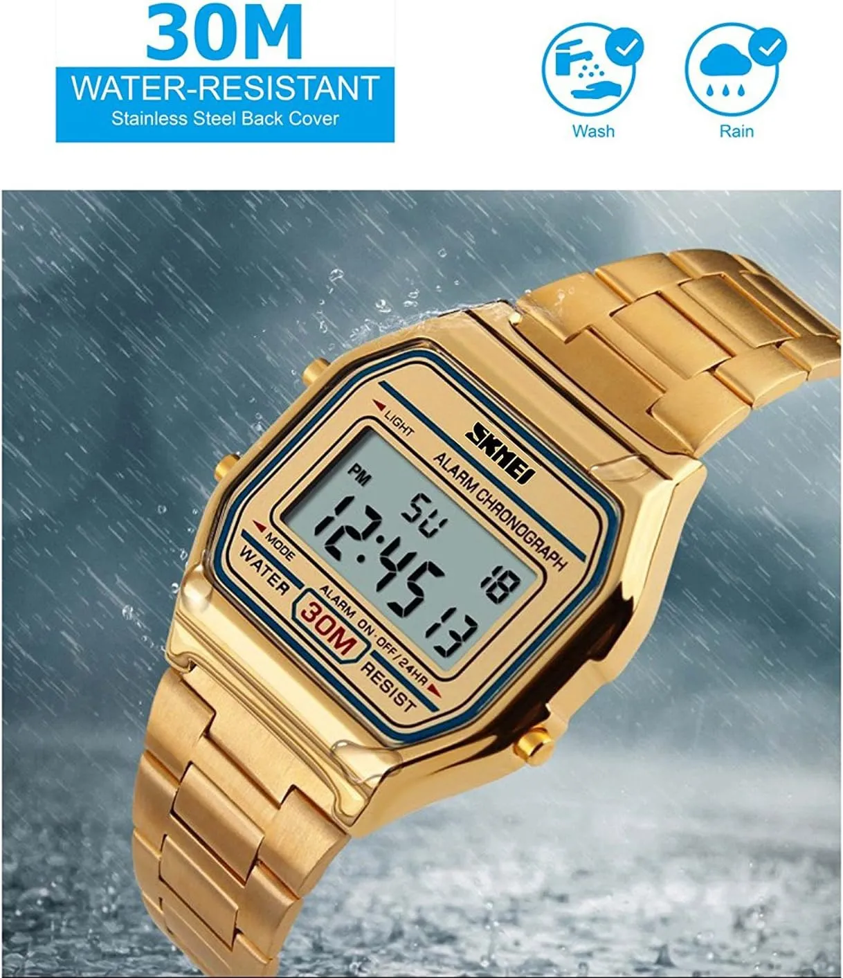 Unisex Women's Men's Digital Multifunction Sports Watch repetitive Stainless Steel Band Square Waterproof Electronic Led Watch Gosasa Classic 