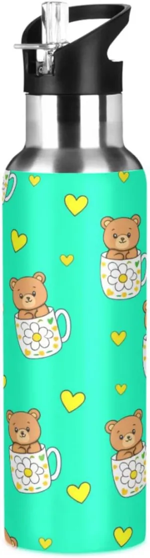 Vacuum Insulated Bottle for Gym Fitness Outdoor step tourniquet Teacup Bear Sports Water Bottle with Straw, 22oz BPA Free Stainless Steel 
