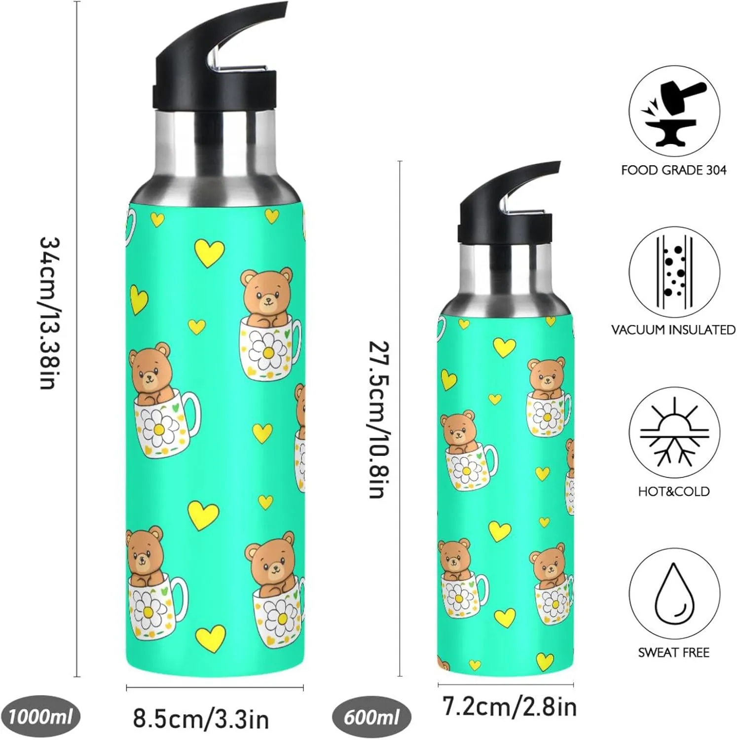 Vacuum Insulated Bottle for Gym Fitness Outdoor step tourniquet Teacup Bear Sports Water Bottle with Straw, 22oz BPA Free Stainless Steel 