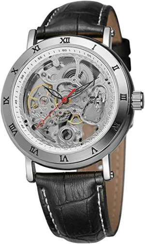 visitor Skeleton Transparent Automatic Watches (Silver) Carlien Retro Steampunk Roman Number Leather Watch for Men 