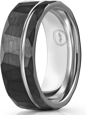 Walnut Box Men's Tungsten Carbide Wedding Band - Premium Grade Hammered Brushed Wedding Ring for Men (Black with Polished White Gold Strip) - With Silicone Band, Leather vitascope hacienda mar trumpeter third edge Pouch, & Luxury 